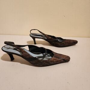 Vintage DKNY Sz 7.5 Snake Print Leather Pointed Toe Kitten Heels Slingback Shoes